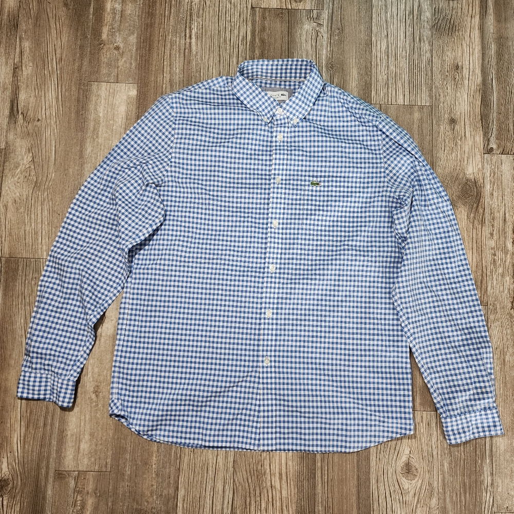 Lacoste Button Shirt Long Sleeve Plaid Light Blue Size Large Men's